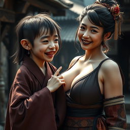 In a medieval village, a young Chinese dwarf woman, petite and emaciated with medium-length hair, features sharp, decayed teeth and is dressed in a long, closed Buddhist robe