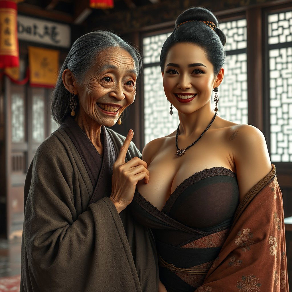 In a Chinese medieval room, an elderly Chinese woman, extremely petite and emaciated, has sharp, decayed teeth and is dressed in a long, closed Buddhist robe