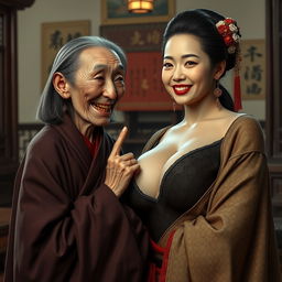 In a Chinese medieval room, an elderly Chinese woman, extremely petite and emaciated, has sharp, decayed teeth and is dressed in a long, closed Buddhist robe