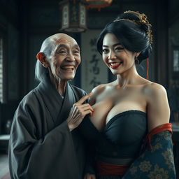 In a Chinese medieval room, an elderly Chinese woman, extremely petite and emaciated, has sharp, decayed teeth and is dressed in a long, closed Buddhist robe