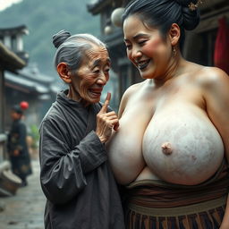 In a medieval Chinese village, a tiny elderly Chinese woman is depicted, characterized by a malnourished physique and sharp, decayed teeth