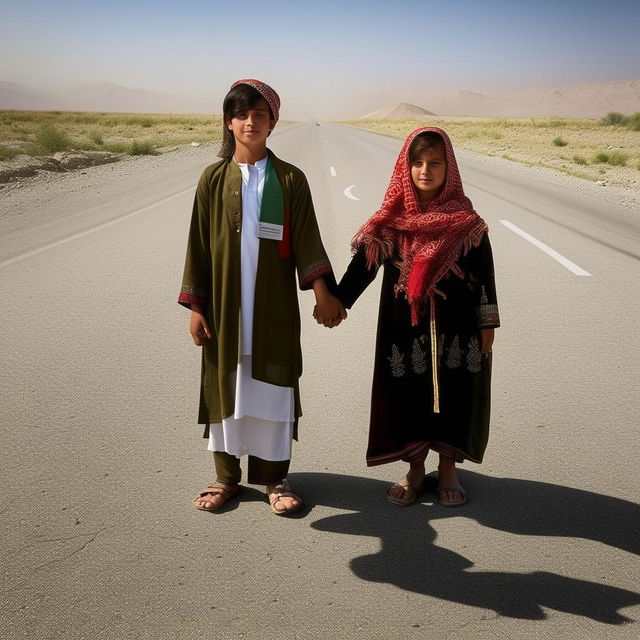 An image depicting an Afghani boy and girl, aged above 15, wearing traditional Afghani clothes bearing the letter 'S', holding hands and locking eyes on an empty road.