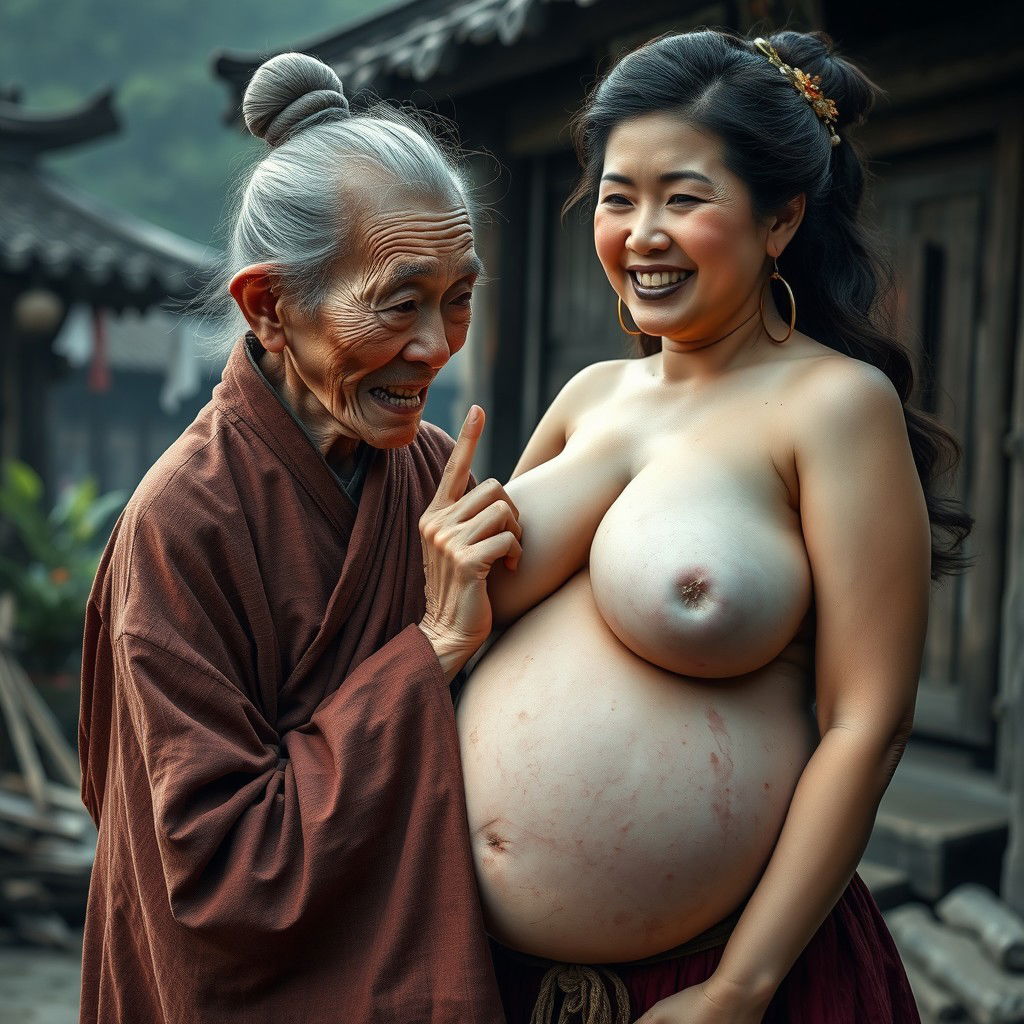 In a medieval Chinese village, an elderly, very petite Chinese woman with a malnourished body and sharp, decayed teeth is wearing a long, completely closed Buddhist robe