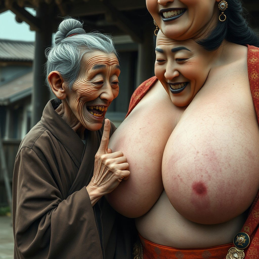 In a medieval Chinese village, an elderly Chinese woman, very small in stature and emaciated, with sharp, decayed teeth, is depicted
