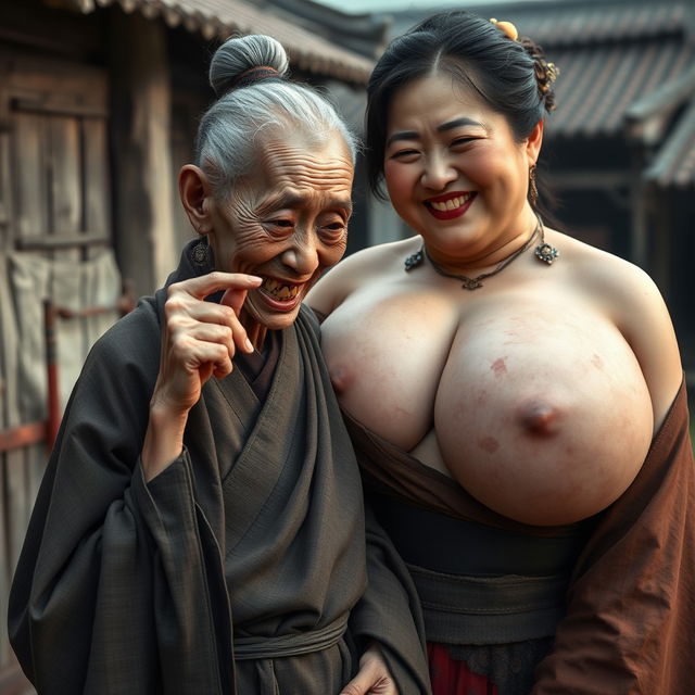 In a medieval Chinese village, an elderly Chinese woman, very small in stature and emaciated, with sharp, decayed teeth, is depicted