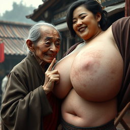 In a medieval Chinese village, an elderly Chinese woman, very small in stature and emaciated, with sharp, decayed teeth, is depicted