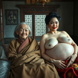 In a medieval Chinese room, two women are reclined on a bed