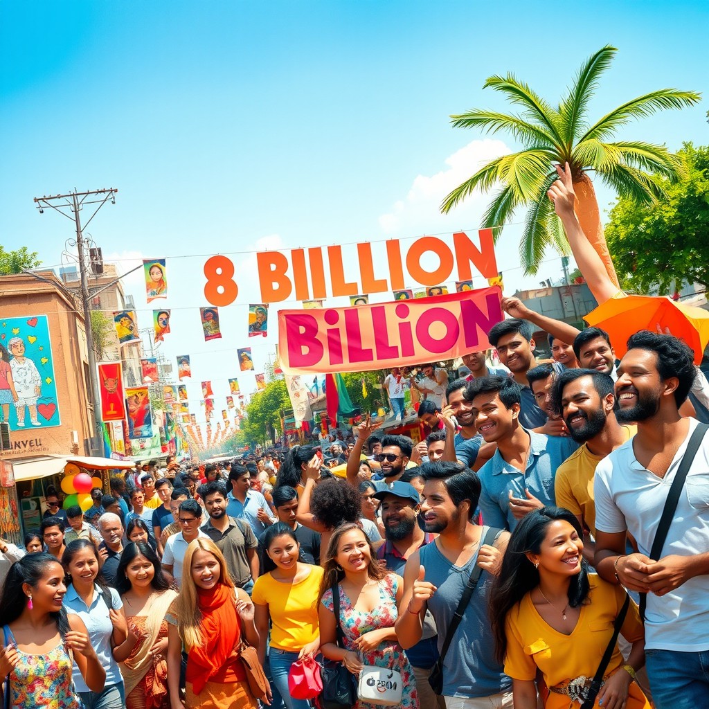 A visually stunning representation of a thriving global community, showcasing 8 billion diverse people from around the world, engaging in various activities that highlight their cultures and lifestyles
