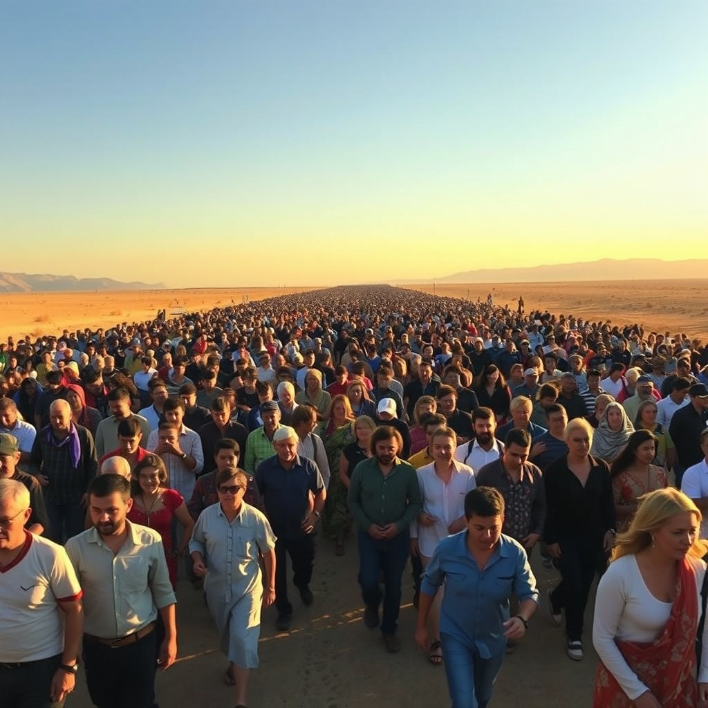 An endless crowd of diverse people emerging from the horizon, creating a visually stunning perspective that depicts the vastness of humanity