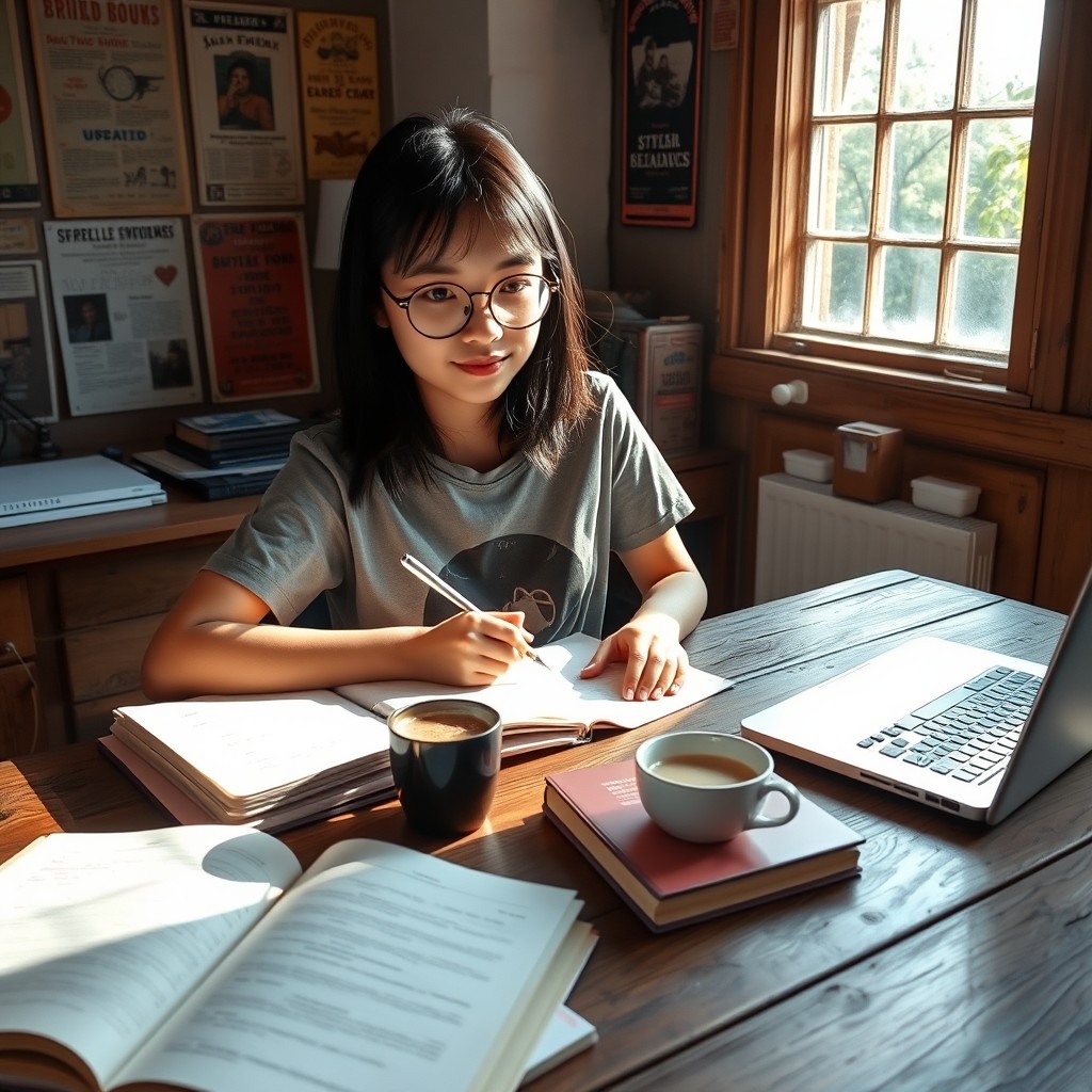 A young college student sitting at a rustic wooden desk covered with open textbooks, notes, and a laptop