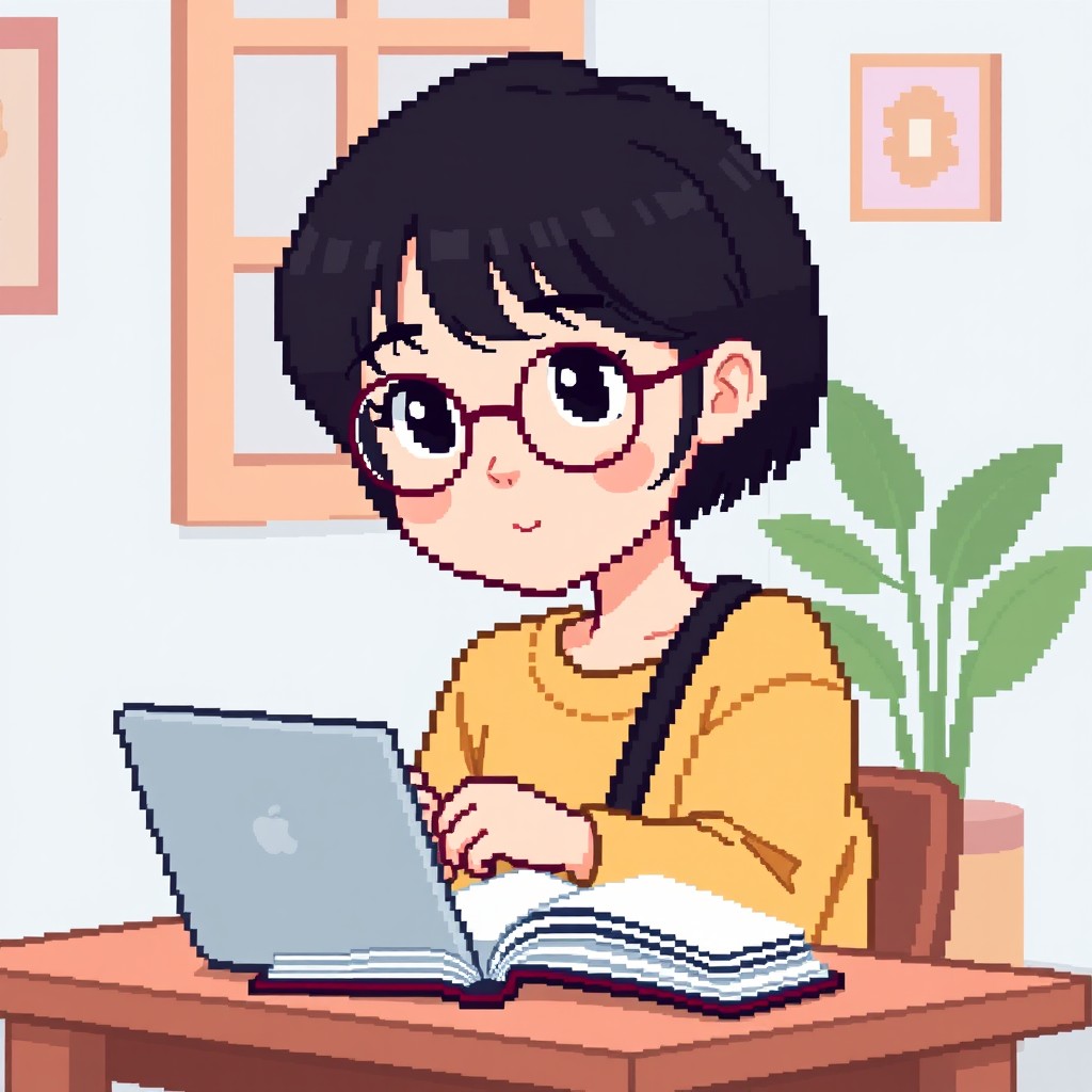A pixel art image of a young college student depicted in a 32x32 pixel grid