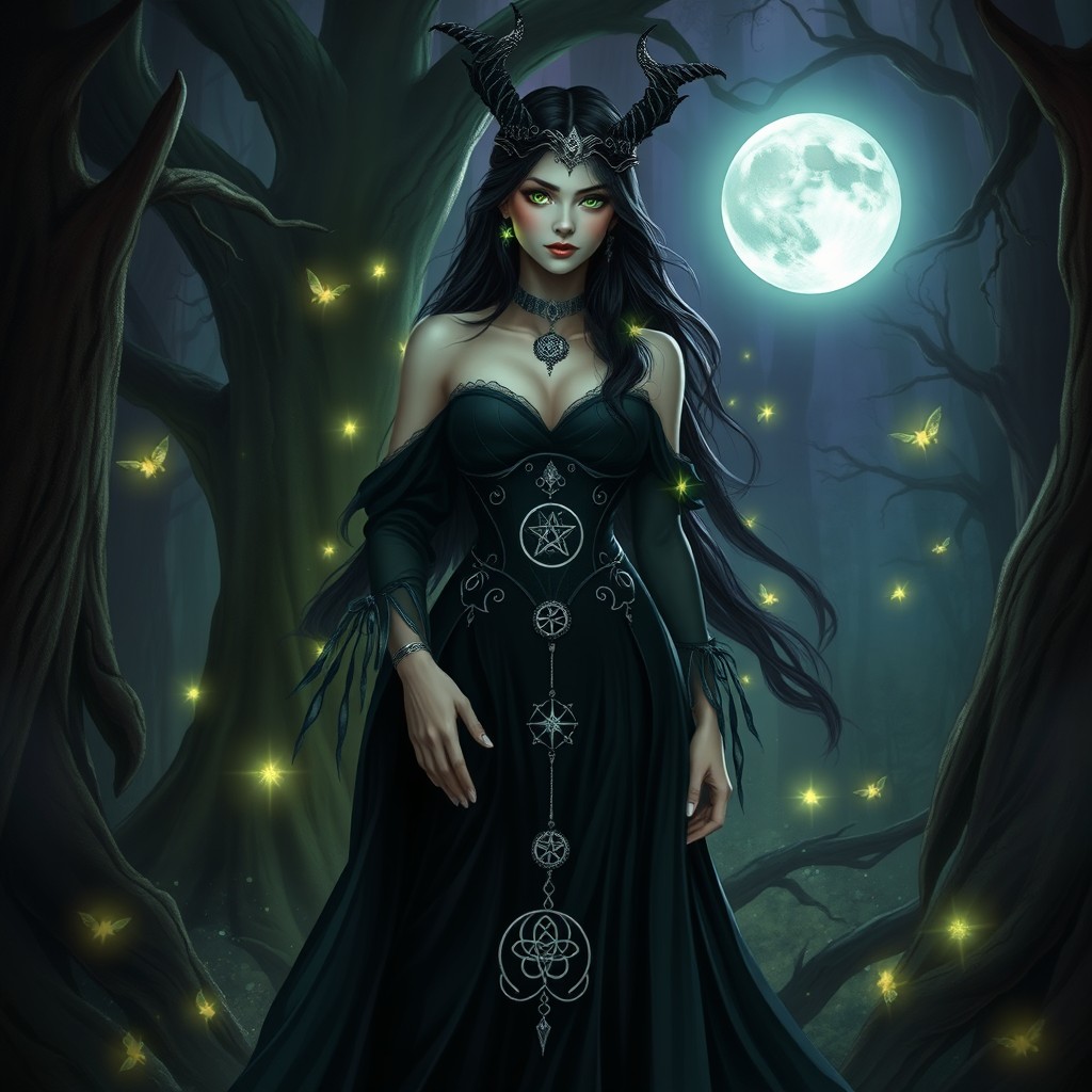 A captivating portrayal of Lilith, the dark goddess, standing confidently in a mystical forest