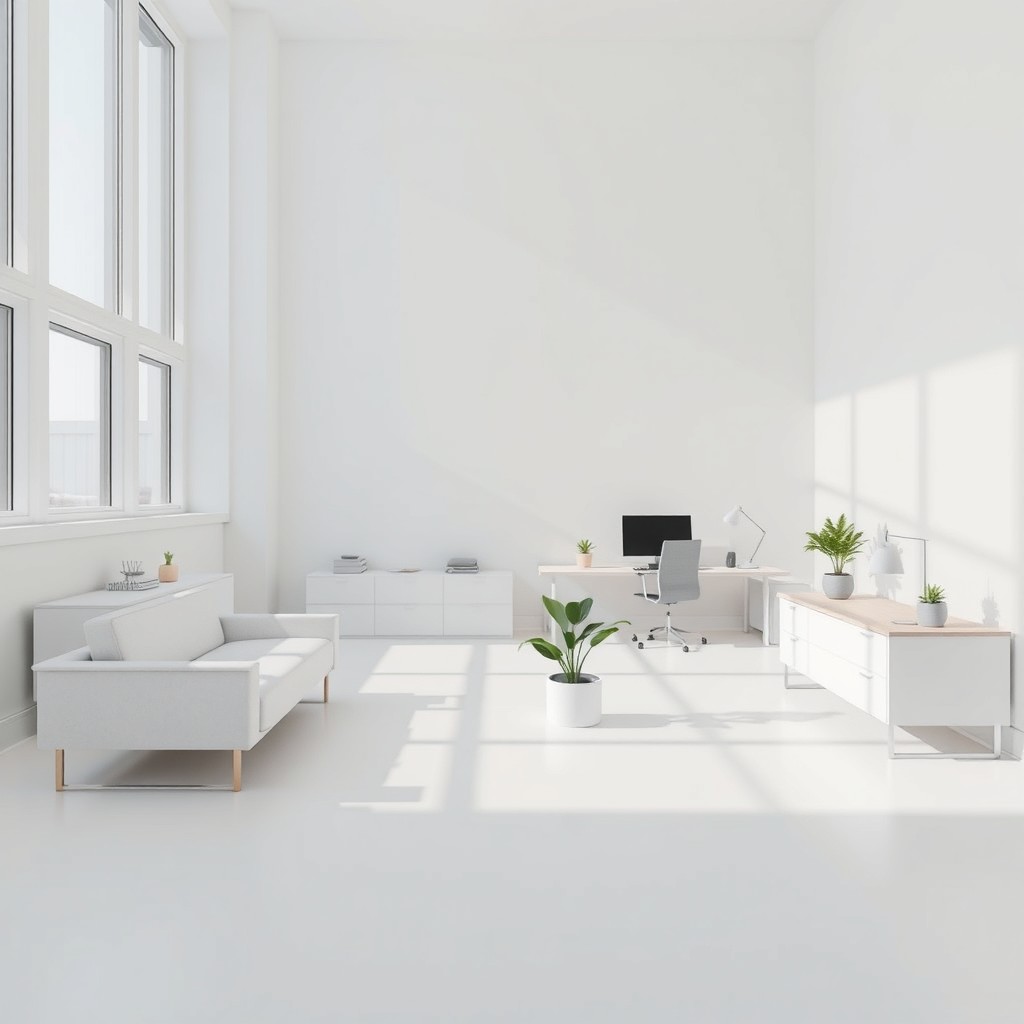 A clean and modern minimalist design project featuring a spacious layout with simple geometric shapes, a neutral color palette of whites, grays, and soft pastels, and a focus on functionality