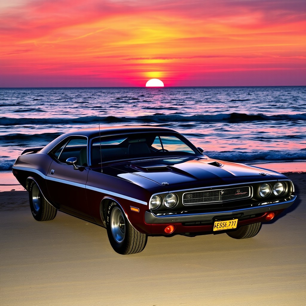 A stunning 1970s Dodge Challenger parked by the ocean during sunset, capturing the vibrant colors of the sky as the sun sets on the horizon