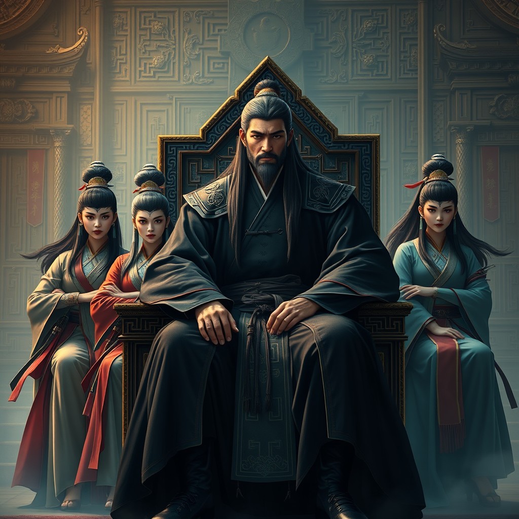 A Chinese warrior with long hair dressed in a black robe sits confidently on a throne, surrounded by strong and authoritative female disciples each wearing different colored cultivator outfits, showcasing their unique styles