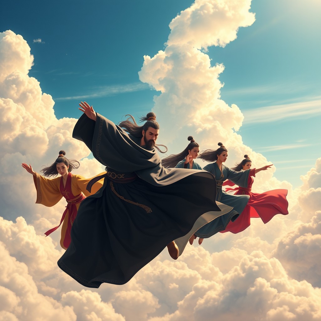 A Chinese warrior with long hair dressed in a black robe is flying gracefully in the sky, surrounded by strong and authoritative female disciples, each wearing different colored cultivator outfits that reflect their unique prowess