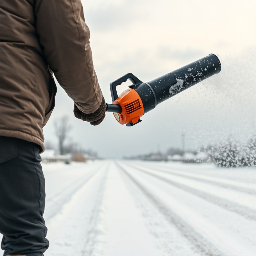 A 40-year-old man wearing realistic winter clothing, holding a leaf blower and aiming it downward as it blows snow onto a snowy road