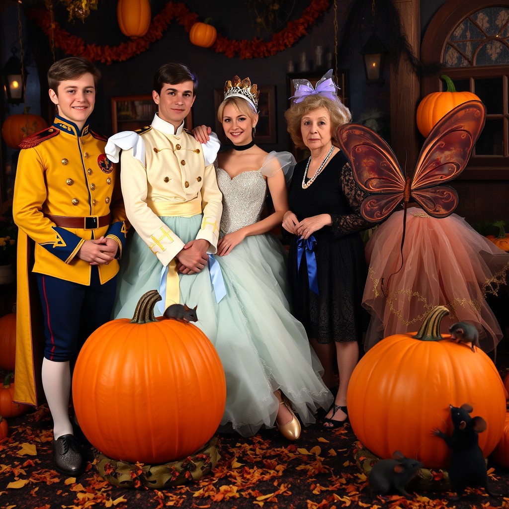 A young man dressed as a prince in a Halloween-themed setting, standing next to a woman wearing a beautiful gown with glass slippers