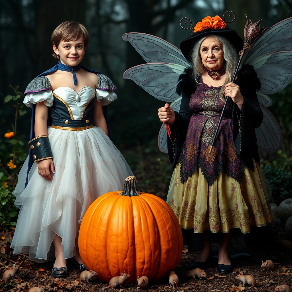 A young man dressed as a prince for Halloween, standing next to a woman wearing a beautiful gown and glass slippers