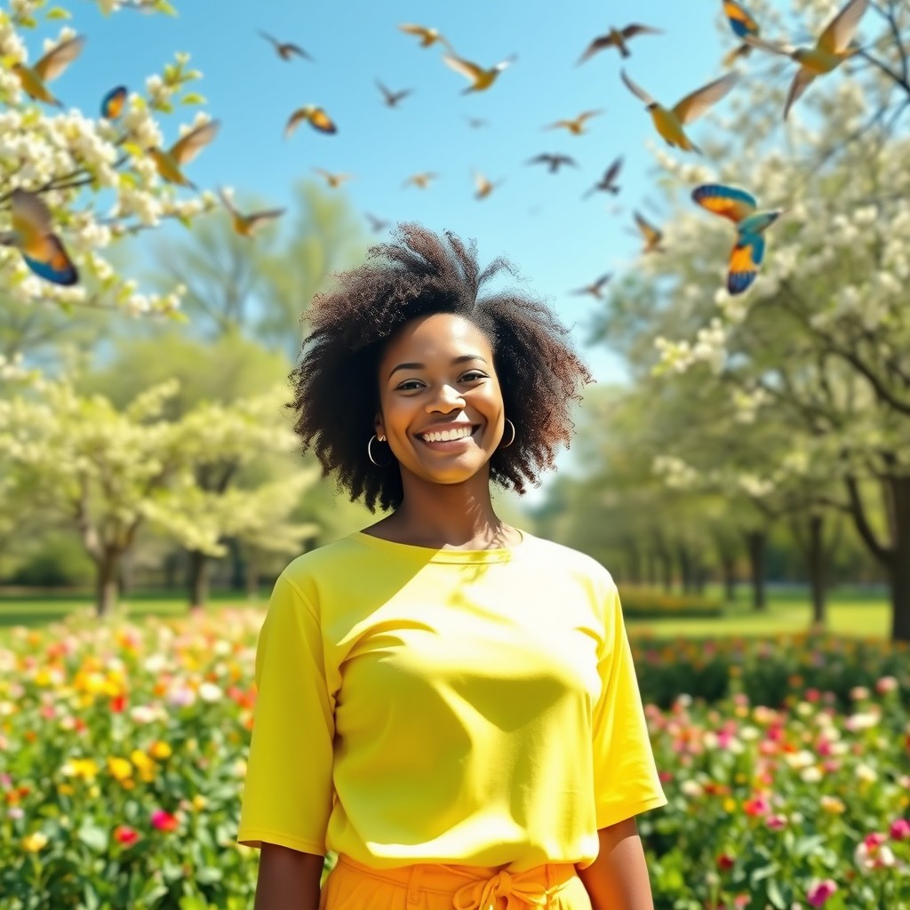 A person radiating positivity and kindness, standing in a vibrant, lush green park filled with blossoming flowers