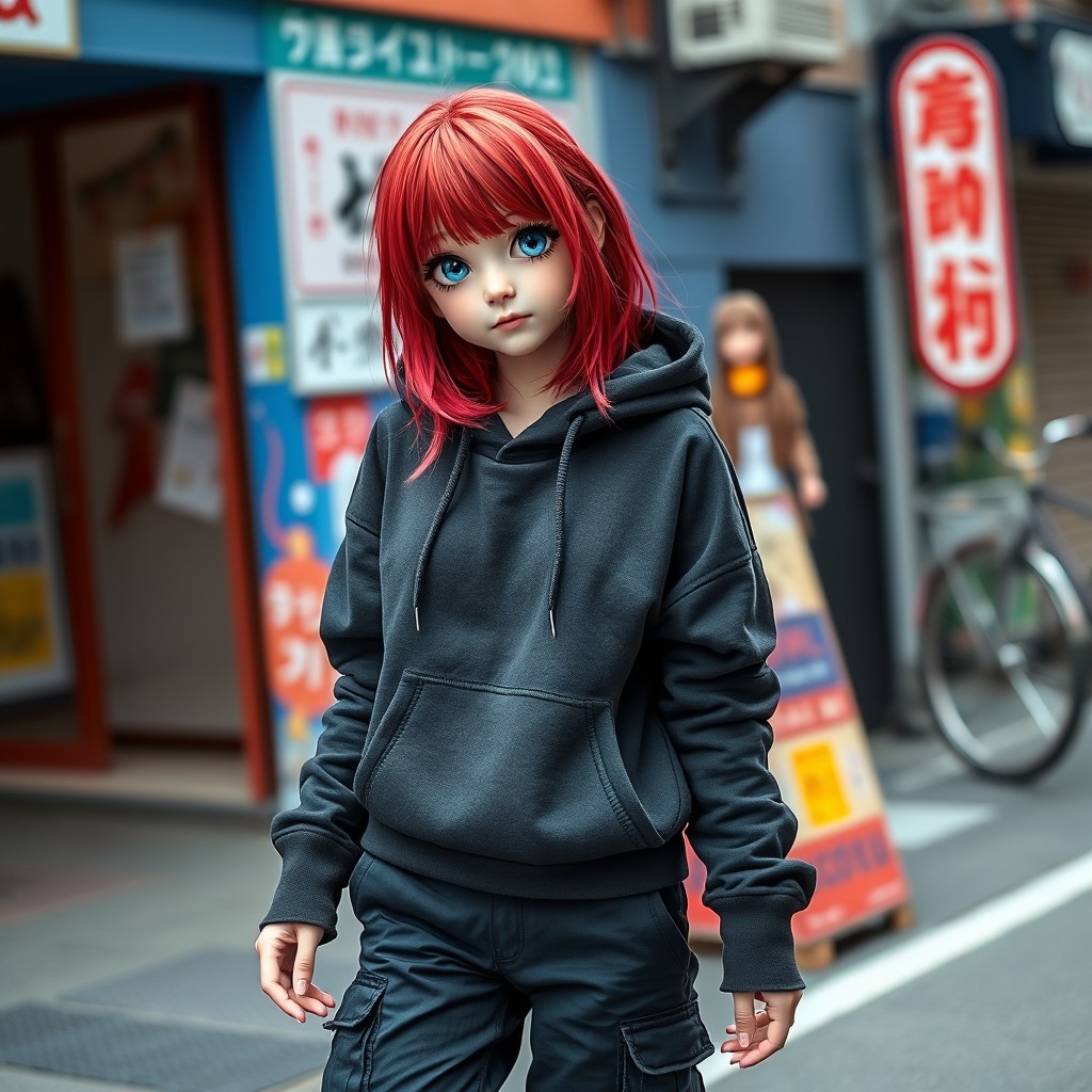 A girl with vibrant red hair and striking blue eyes, dressed in a stylish necuko (Japanese-style hoodie), paired with edgy black cargo pants