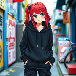 A girl with vibrant red hair and striking blue eyes, dressed in a stylish necuko (Japanese-style hoodie), paired with edgy black cargo pants