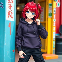 A girl with vibrant red hair and striking blue eyes, dressed in a stylish necuko (Japanese-style hoodie), paired with edgy black cargo pants