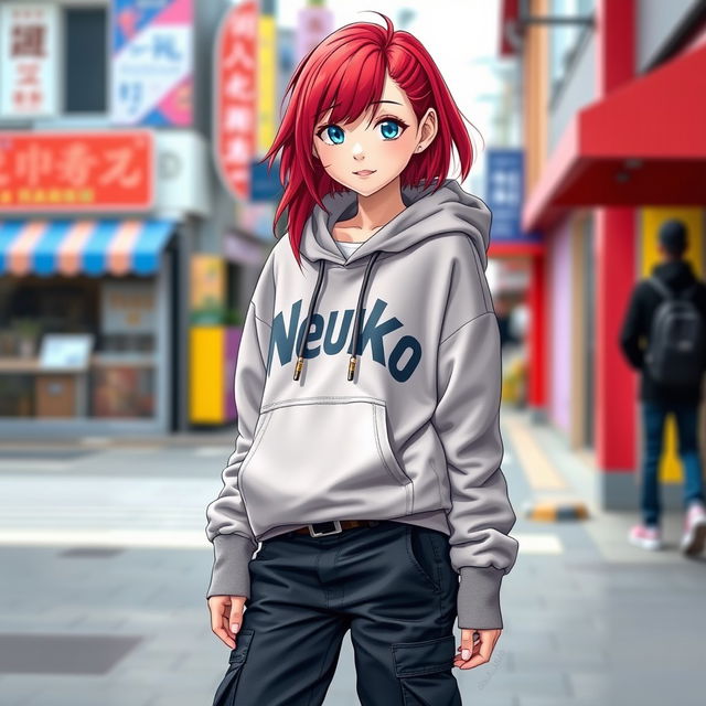A girl with vibrant red hair and striking blue eyes, dressed in a stylish necuko (Japanese-style hoodie), paired with edgy black cargo pants