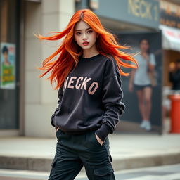 A girl with striking red hair, wearing a cozy necuko sweatshirt, paired effortlessly with black cargo pants