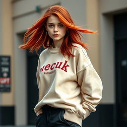 A girl with striking red hair, wearing a cozy necuko sweatshirt, paired effortlessly with black cargo pants