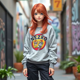 A girl with radiant red hair, wearing a stylish Nezuko sweatshirt featuring a vibrant graphic design, paired with trendy black cargo pants