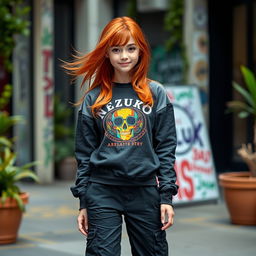 A girl with radiant red hair, wearing a stylish Nezuko sweatshirt featuring a vibrant graphic design, paired with trendy black cargo pants