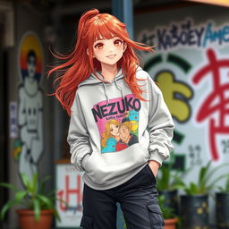 A girl with radiant red hair, wearing a stylish Nezuko sweatshirt featuring a vibrant graphic design, paired with trendy black cargo pants