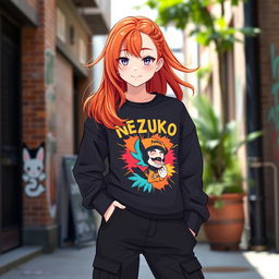 A girl with radiant red hair, wearing a stylish Nezuko sweatshirt featuring a vibrant graphic design, paired with trendy black cargo pants