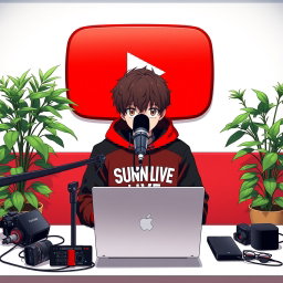 An anime boy sitting at a computer desk, focused and engaged, wearing a stylish black and red hoodie featuring the channel name 'SUNNY LIVE'