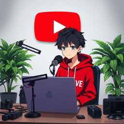 An anime boy sitting at a computer desk, focused and engaged, wearing a stylish black and red hoodie featuring the channel name 'SUNNY LIVE'