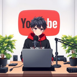 An anime boy sitting at a computer desk, focused and engaged, wearing a stylish black and red hoodie featuring the channel name 'SUNNY LIVE'