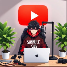 An anime boy sitting at a computer desk, focused and engaged, wearing a stylish black and red hoodie featuring the channel name 'SUNNY LIVE'