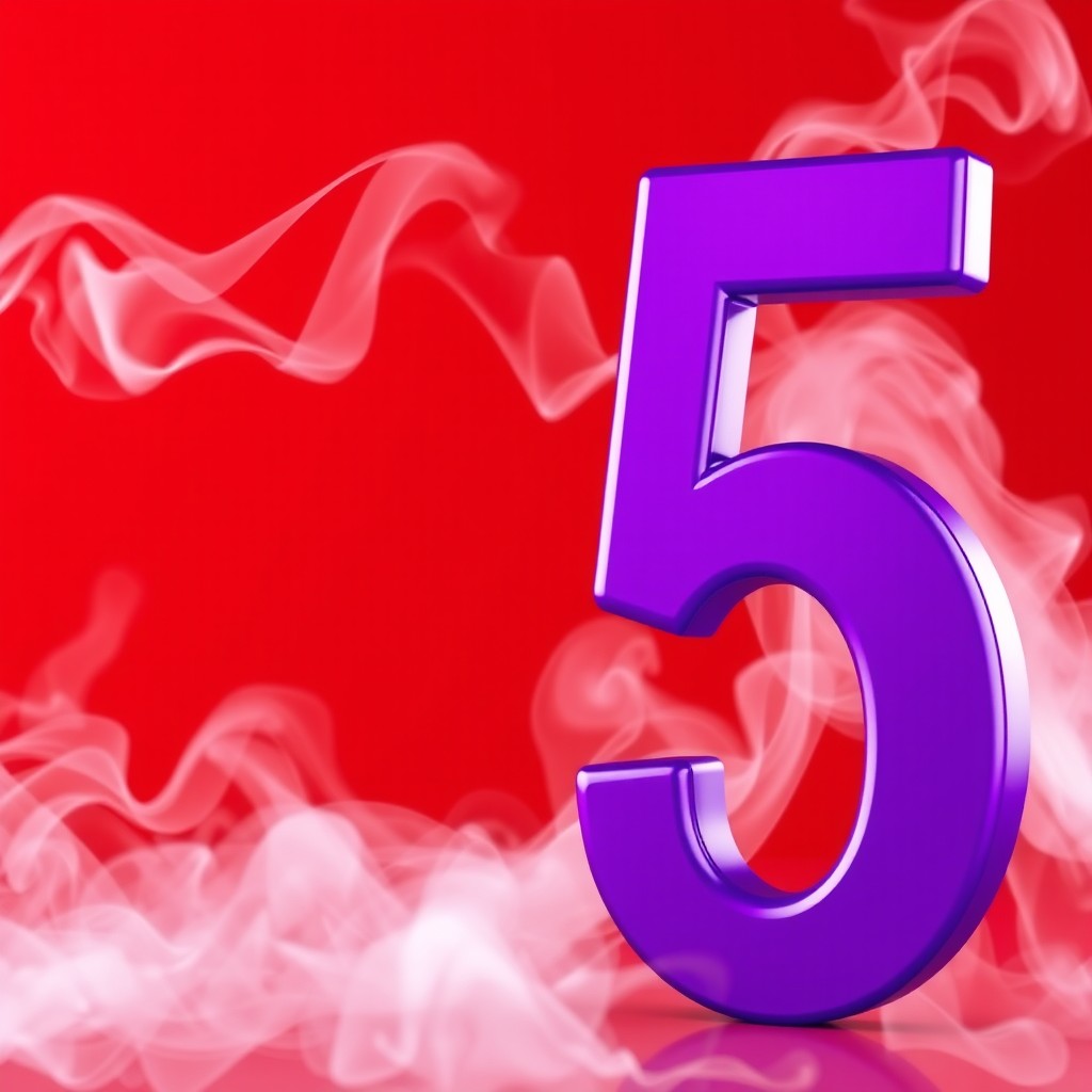 A large purple number 5 aligned to the right side of the image, against a vibrant red background