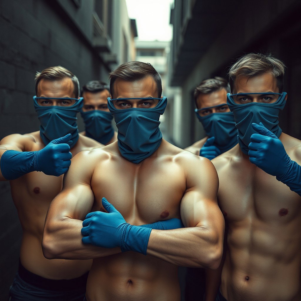 Un grupo de hombres sin camiseta, mostrando físicos atléticos y tonificados, con las caras cubiertas por pasamontañas azules que añaden un elemento de intriga y anonimato
