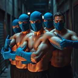 Un grupo de hombres sin camiseta, mostrando físicos atléticos y tonificados, con las caras cubiertas por pasamontañas azules que añaden un elemento de intriga y anonimato