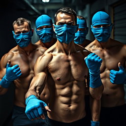 Un grupo de hombres sin camiseta, mostrando físicos atléticos y tonificados, con las caras cubiertas por pasamontañas azules que añaden un elemento de intriga y anonimato
