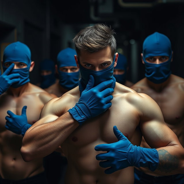 Un grupo de hombres sin camiseta, mostrando cuerpos musculosos y tonificados, con las caras cubiertas por pasamontañas azules que les confieren un aspecto enigmático y amenazador