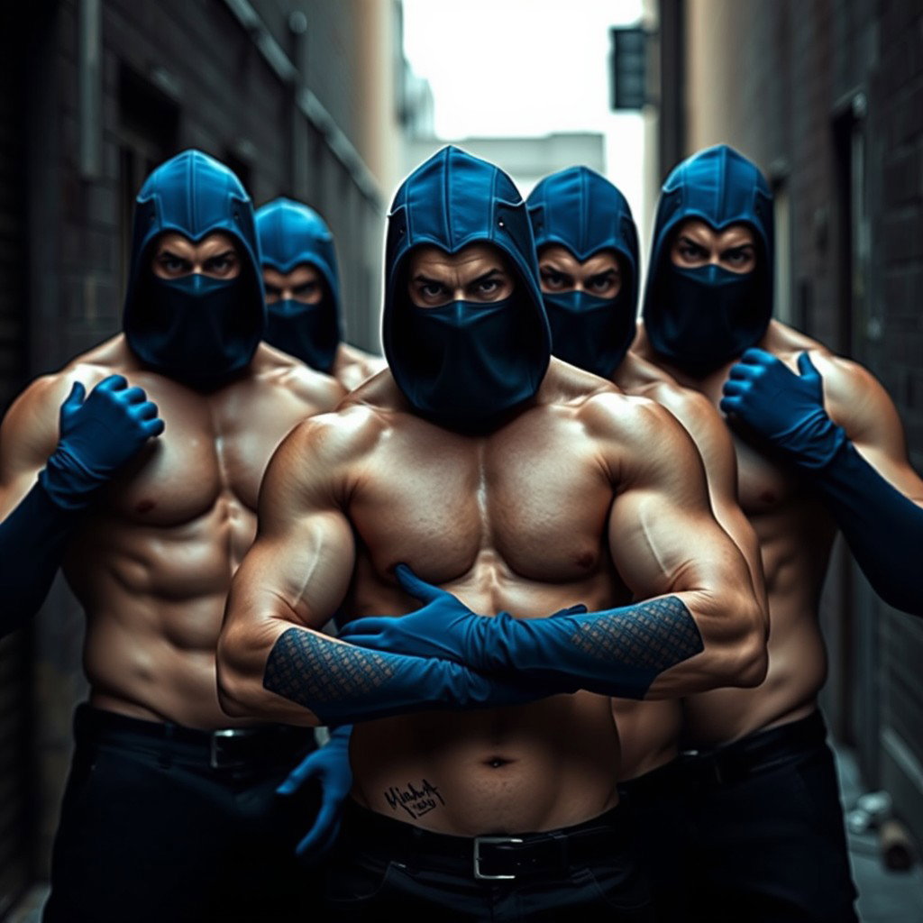 Un grupo de hombres sin camiseta, exhibiendo cuerpos musculosos y definidos, con las caras cubiertas por pasamontañas azules que les dan un aspecto enigmático y amenazante