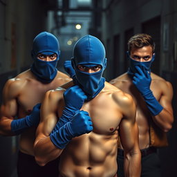 Un grupo de hombres sin camiseta, exhibiendo cuerpos musculosos y definidos, con las caras cubiertas por pasamontañas azules que les dan un aspecto enigmático y amenazante