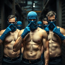 Un grupo de hombres sin camiseta, exhibiendo cuerpos musculosos y definidos, con las caras cubiertas por pasamontañas azules que les dan un aspecto enigmático y amenazante