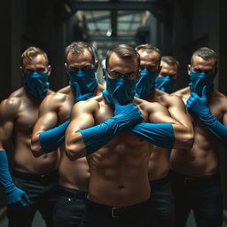 Un grupo de hombres sin camiseta, exhibiendo cuerpos musculosos y definidos, con las caras cubiertas por pasamontañas azules que les dan un aspecto enigmático y amenazante