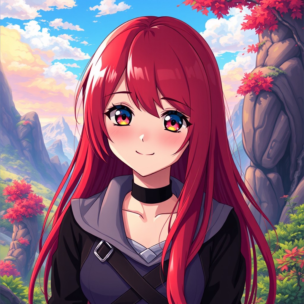 A stunning anime girl with vibrant red hair cascading down her shoulders, wearing a stylish outfit that matches her bold personality