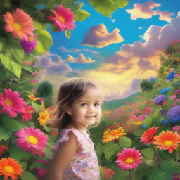 A child in paradise, surrounded by lush greenery and colorful, vibrant flowers under a bright, comforting sky.