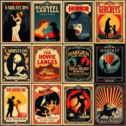 A collection of vintage movie posters from the 1920s and 1930s, showcasing iconic films of that era